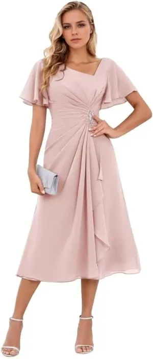 Chiffon Tea Length Formal Dress for Women A-Line Ruffles Mother of The Bride Dresses