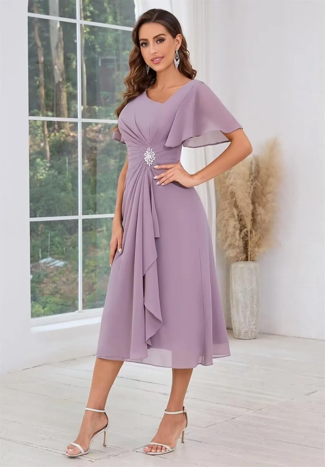 Chiffon Tea Length Formal Dress for Women A-Line Ruffles Mother of The Bride Dresses