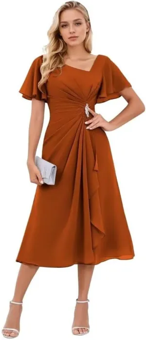 Chiffon Tea Length Formal Dress for Women A-Line Ruffles Mother of The Bride Dresses