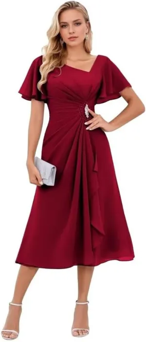 Chiffon Tea Length Formal Dress for Women A-Line Ruffles Mother of The Bride Dresses