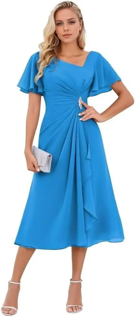 Chiffon Tea Length Formal Dress for Women A-Line Ruffles Mother of The Bride Dresses