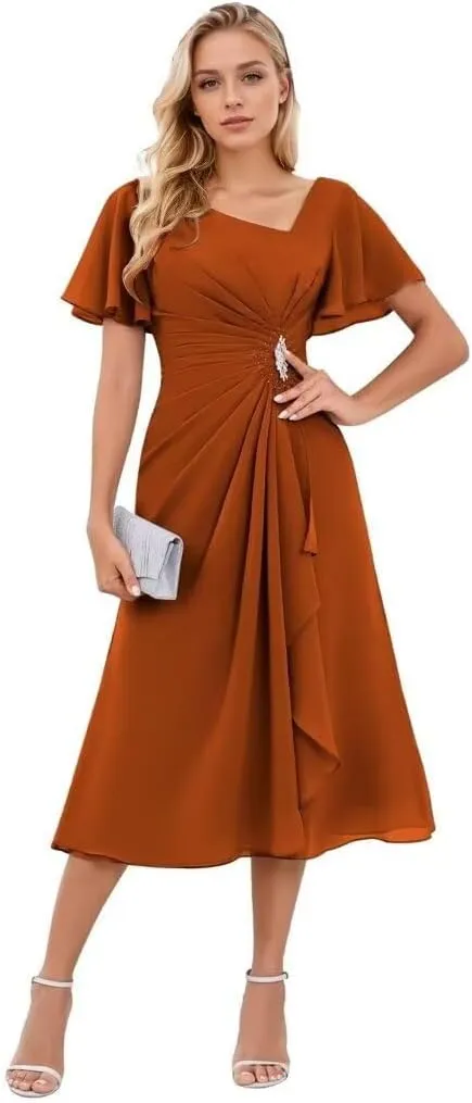 Chiffon Tea Length Formal Dress for Women A-Line Ruffles Mother of The Bride Dresses