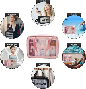 Clear PVC Cosmetic Bag - Large Travel Toiletry Organizer Bag Set - Plastic Tote Bags (Pink, M)