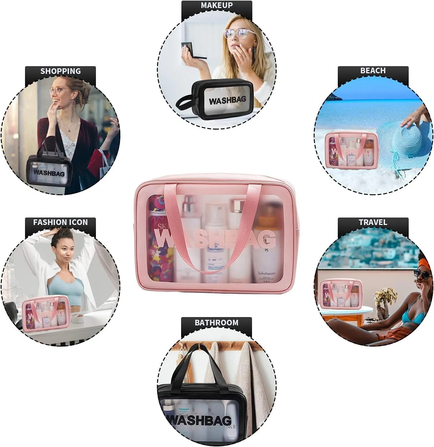 Clear PVC Cosmetic Bag - Large Travel Toiletry Organizer Bag Set - Plastic Tote Bags (Pink, M)