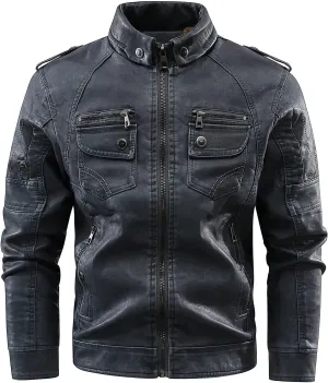 CLOAKA Men'S Faux Leather Motorcycle Biker Riding Jacket with Stand Collar Multiple Pockets