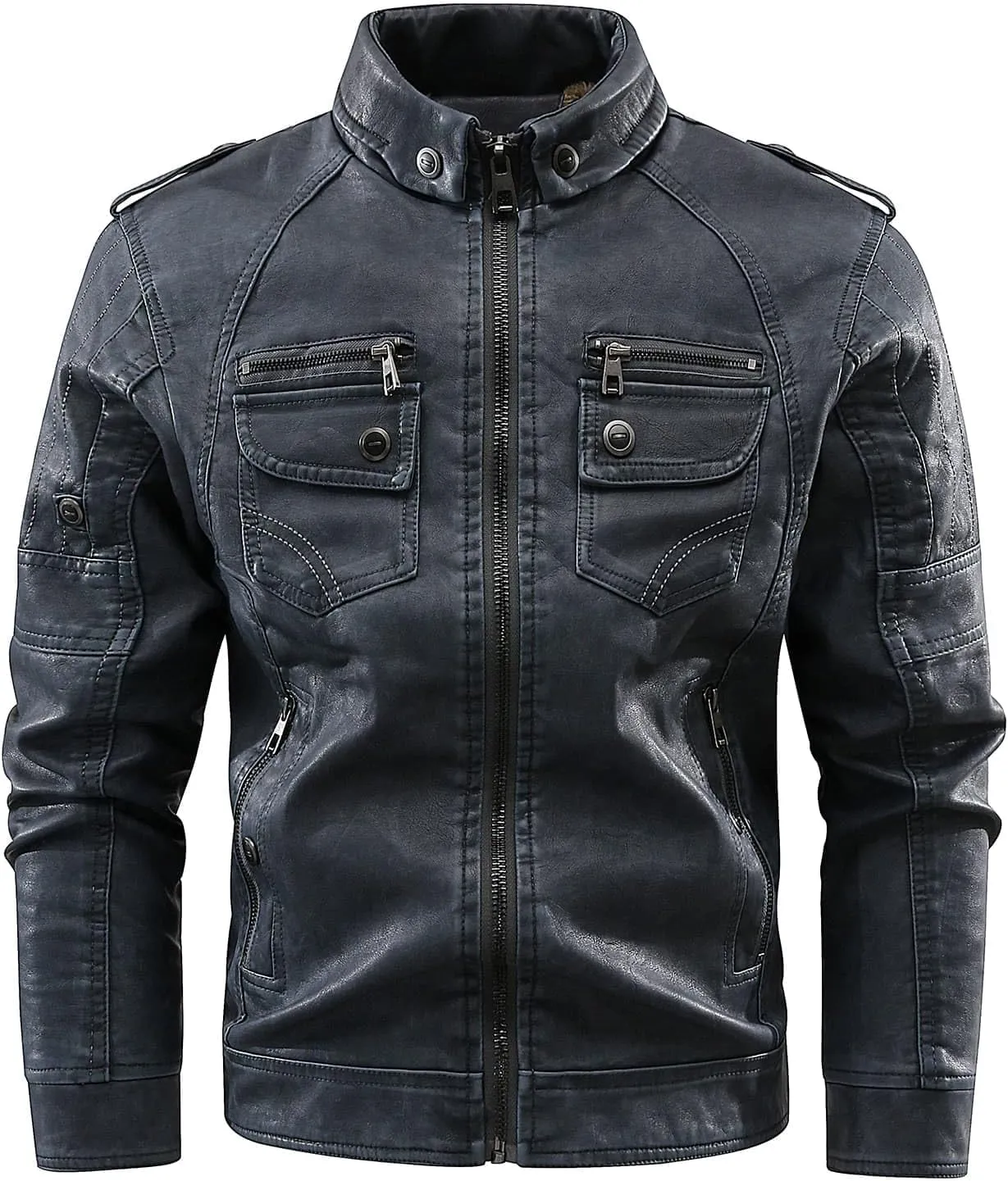 CLOAKA Men'S Faux Leather Motorcycle Biker Riding Jacket with Stand Collar Multiple Pockets