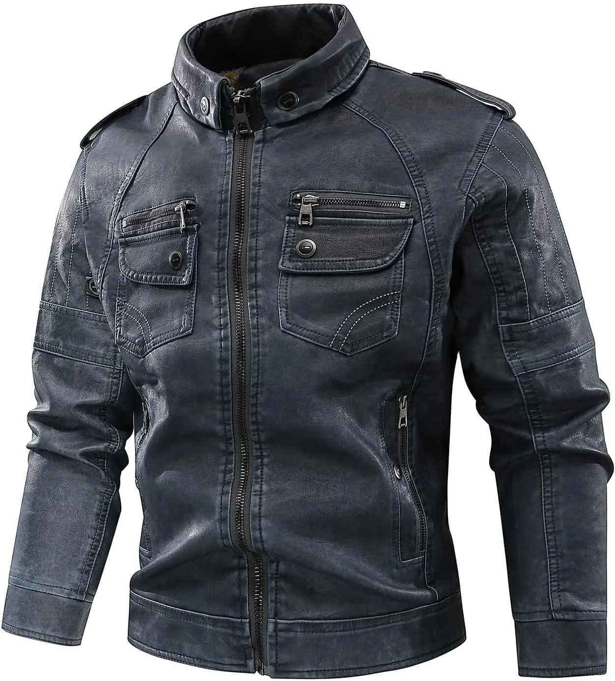 CLOAKA Men'S Faux Leather Motorcycle Biker Riding Jacket with Stand Collar Multiple Pockets