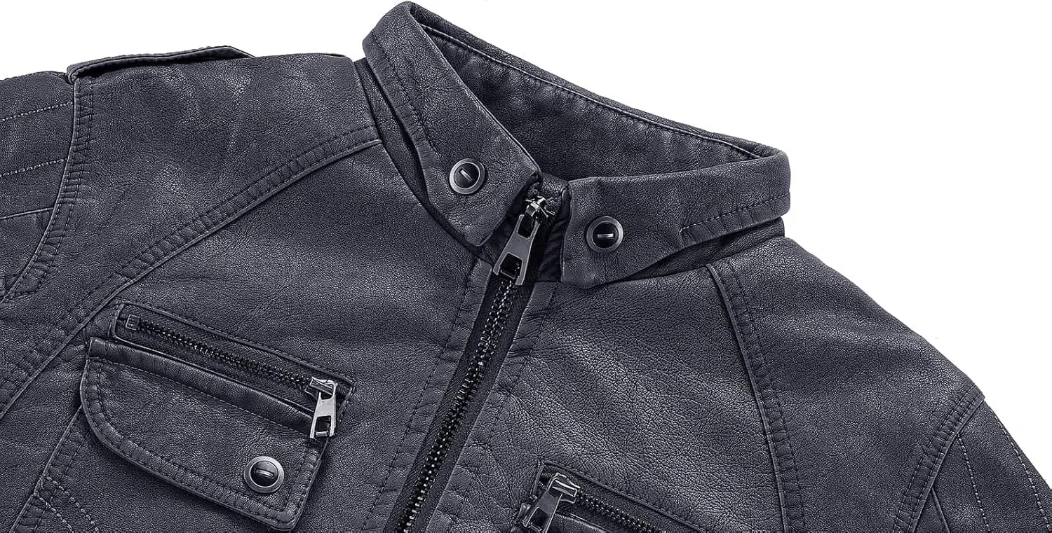 CLOAKA Men'S Faux Leather Motorcycle Biker Riding Jacket with Stand Collar Multiple Pockets