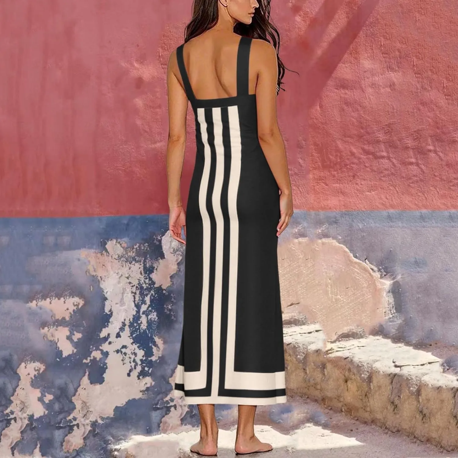 Color Blocked Dresses for Women Straps Shoulder Striped Summer Maxi Dress Sleeveless Beach Overall Dress Coverups