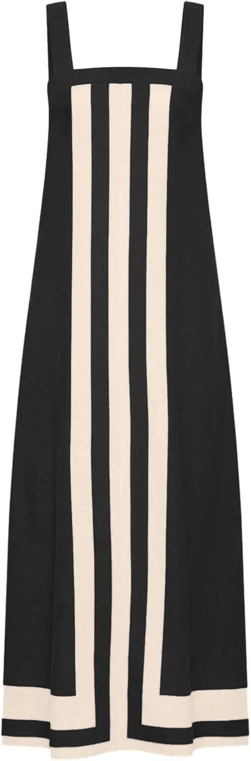 Color Blocked Dresses for Women Straps Shoulder Striped Summer Maxi Dress Sleeveless Beach Overall Dress Coverups