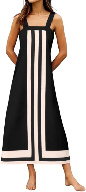 Color Blocked Dresses for Women Straps Shoulder Striped Summer Maxi Dress Sleeveless Beach Overall Dress Coverups