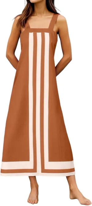 Color Blocked Dresses for Women Straps Shoulder Striped Summer Maxi Dress Sleeveless Beach Overall Dress Coverups