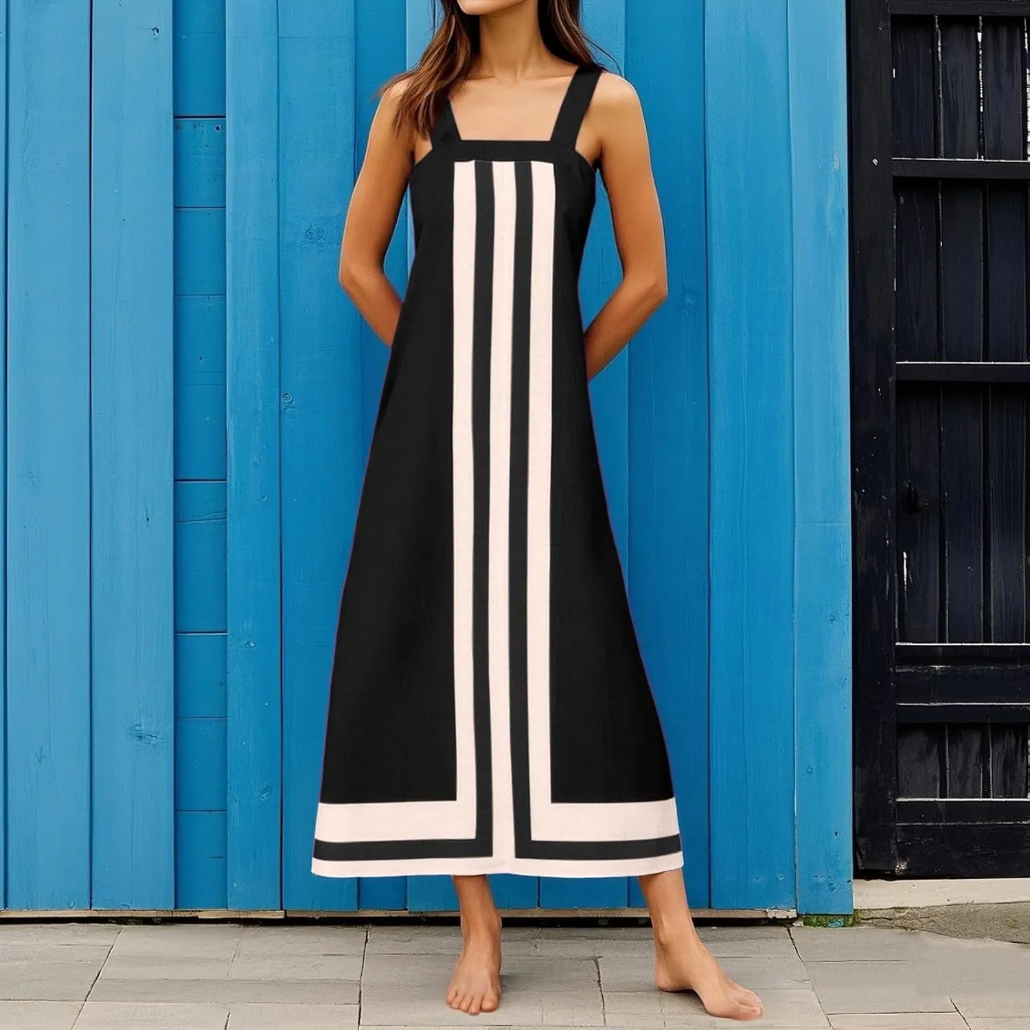 Color Blocked Dresses for Women Straps Shoulder Striped Summer Maxi Dress Sleeveless Beach Overall Dress Coverups