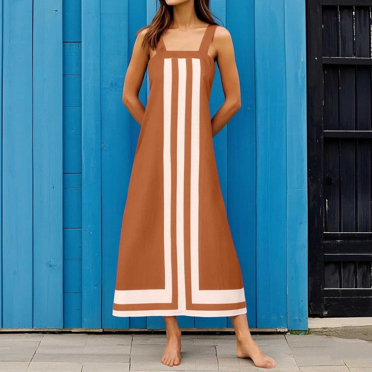 Color Blocked Dresses for Women Straps Shoulder Striped Summer Maxi Dress Sleeveless Beach Overall Dress Coverups