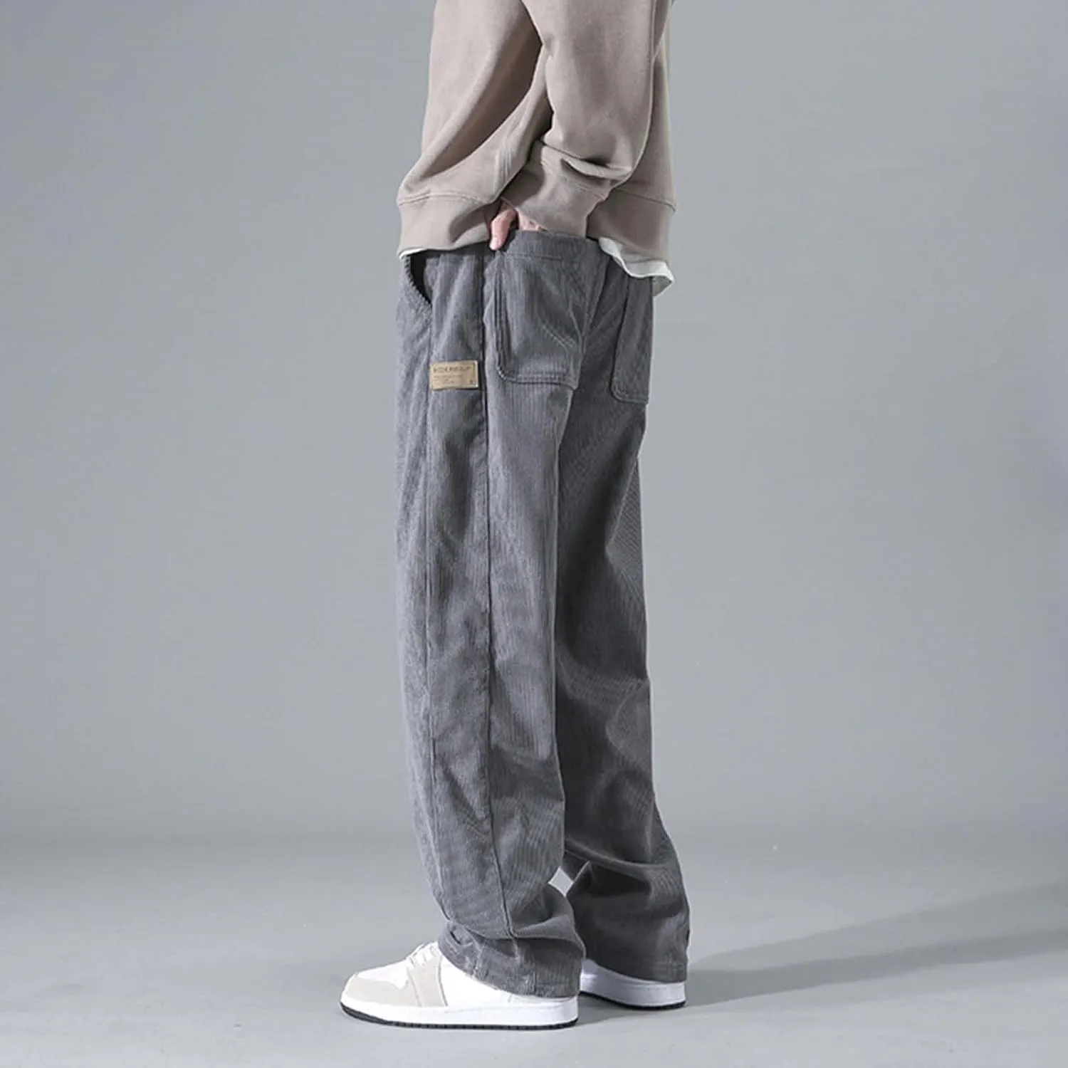 Corduroy Pants Men Straight Fit Baggy Relaxed fit Elastic Waist Drawstring Trousers Hip Hop Pants Casual Slacks 2025