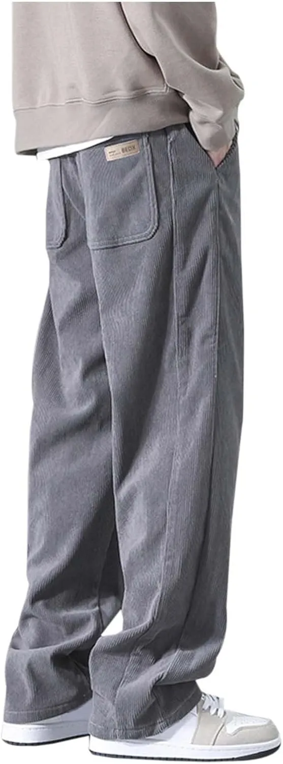 Corduroy Pants Men Straight Fit Baggy Relaxed fit Elastic Waist Drawstring Trousers Hip Hop Pants Casual Slacks 2025