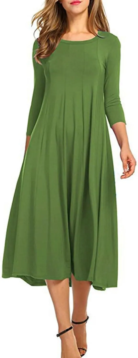 Cotton Dresses for Women Solid Basic Pleated Crew Neck Short Sleeve Midi Dresses 2025 Trendy Plus Size Swing Dress