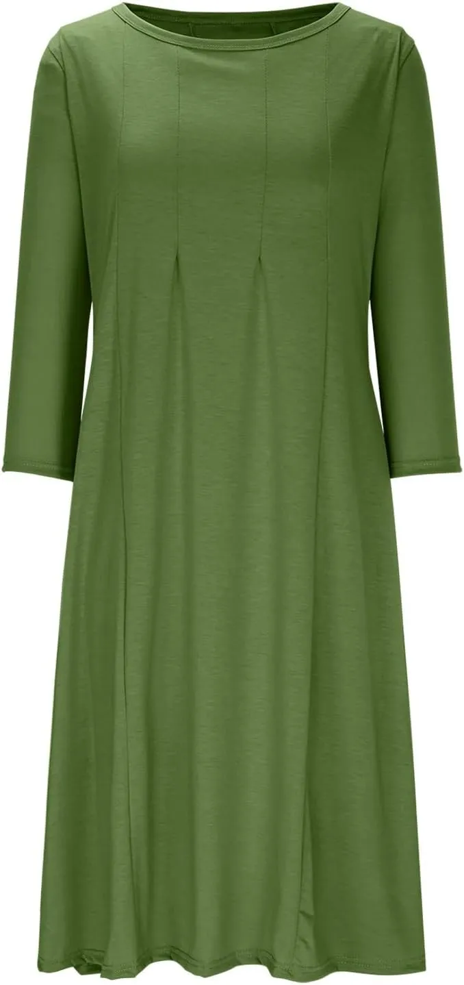 Cotton Dresses for Women Solid Basic Pleated Crew Neck Short Sleeve Midi Dresses 2025 Trendy Plus Size Swing Dress