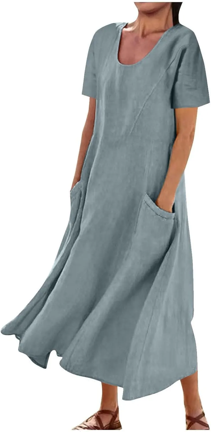 Cotton Linen Maxi Dress Summer Fashion Short Sleeve Beach Dresses Boho Casual Sundress Ladies Vacation Outfits 2025