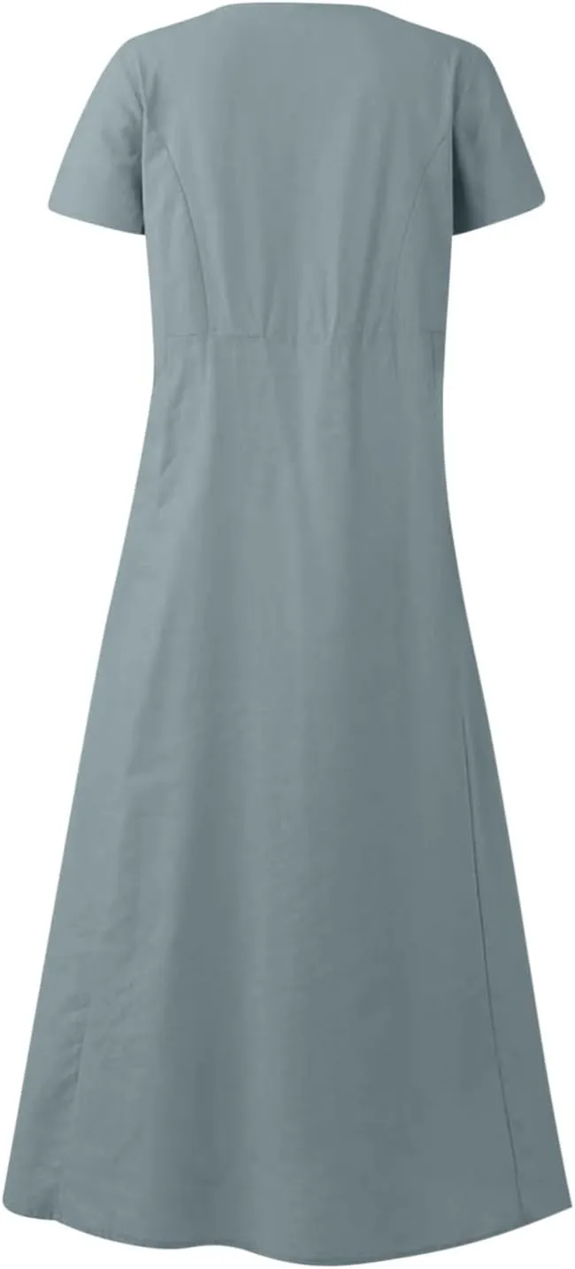 Cotton Linen Maxi Dress Summer Fashion Short Sleeve Beach Dresses Boho Casual Sundress Ladies Vacation Outfits 2025