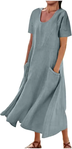 Cotton Linen Maxi Dress Summer Fashion Short Sleeve Beach Dresses Boho Casual Sundress Ladies Vacation Outfits 2025