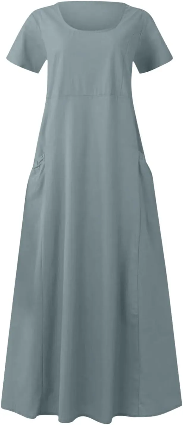 Cotton Linen Maxi Dress Summer Fashion Short Sleeve Beach Dresses Boho Casual Sundress Ladies Vacation Outfits 2025