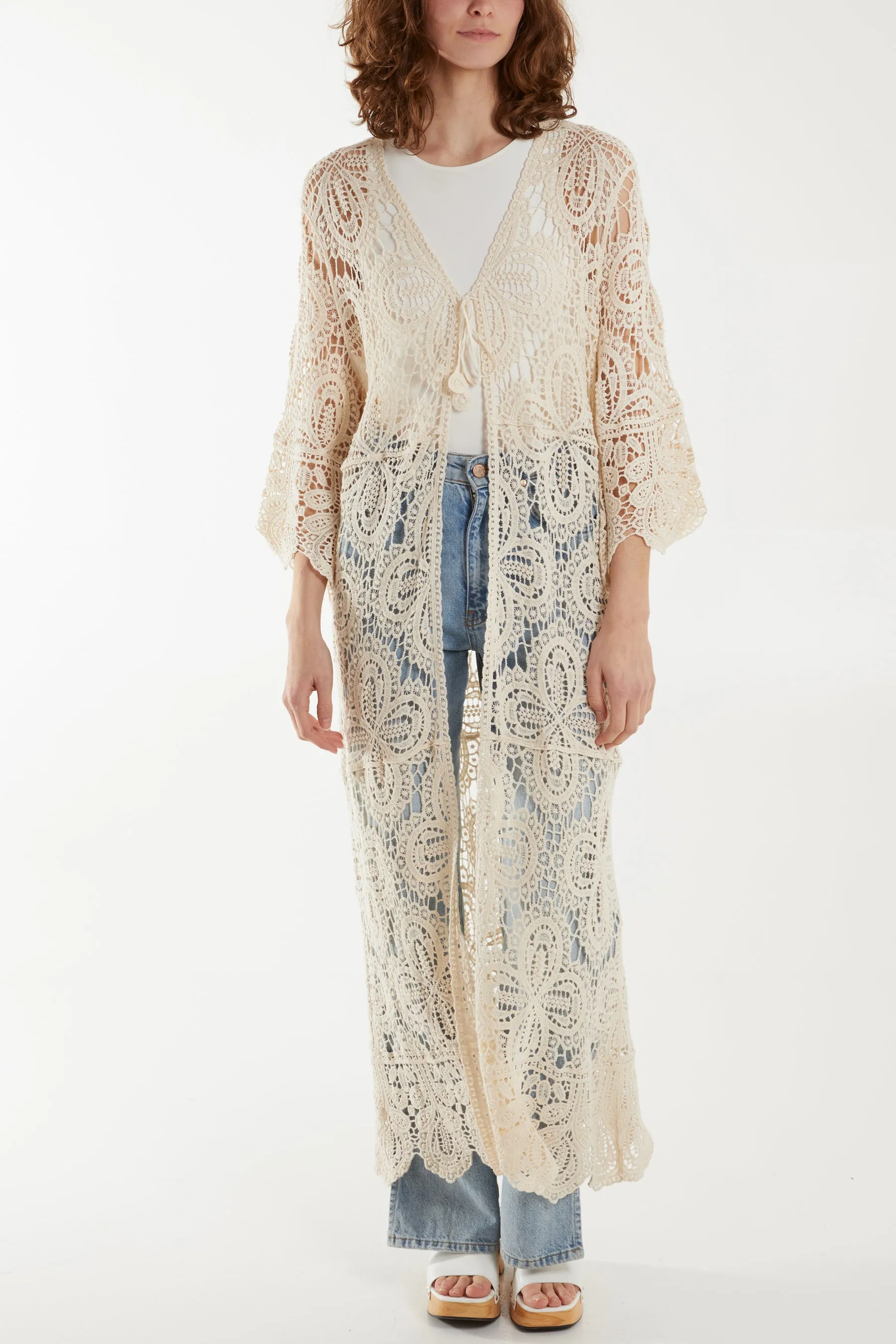 Crochet Tie Front Longline Kimono