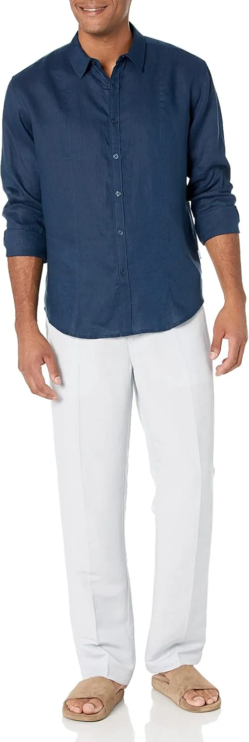 Cubavera Men's Long Sleeve 100% Linen Shirt With Pintuck Detail, Spread Collar, Relaxed Fit, Lightweight & Breathable
