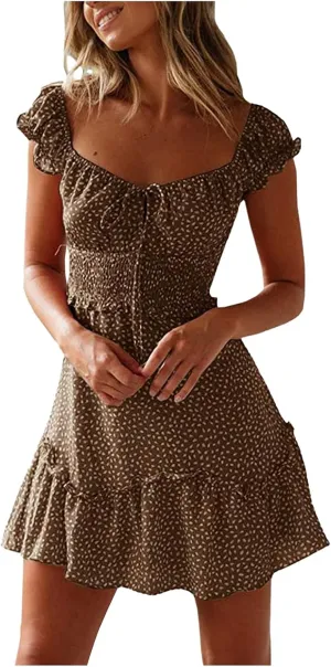 Cute Dresses for Women Ruffle Sleeve Sweetheart Neckline Printing Dress Elastic High Waist A-line Mini Sundress