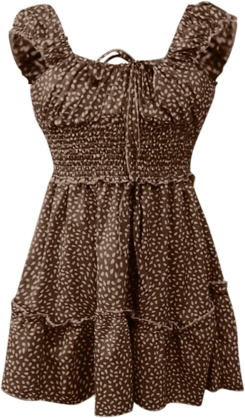 Cute Dresses for Women Ruffle Sleeve Sweetheart Neckline Printing Dress Elastic High Waist A-line Mini Sundress