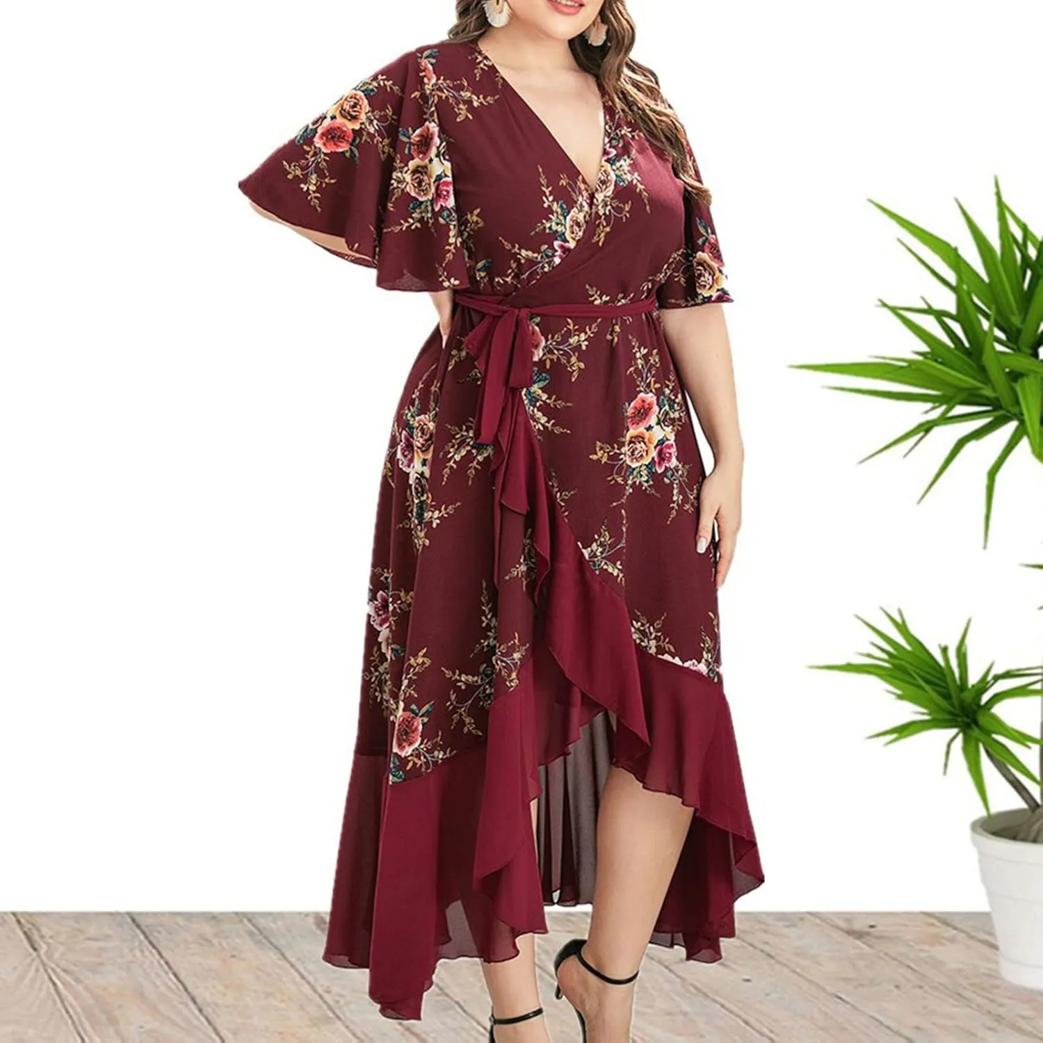 DASAYO Womens Plus Size Chiffon Wrap Dress Floral Print V Neck Short Sleeve Flutter High Low Cocktail Swing Flowy Dresses
