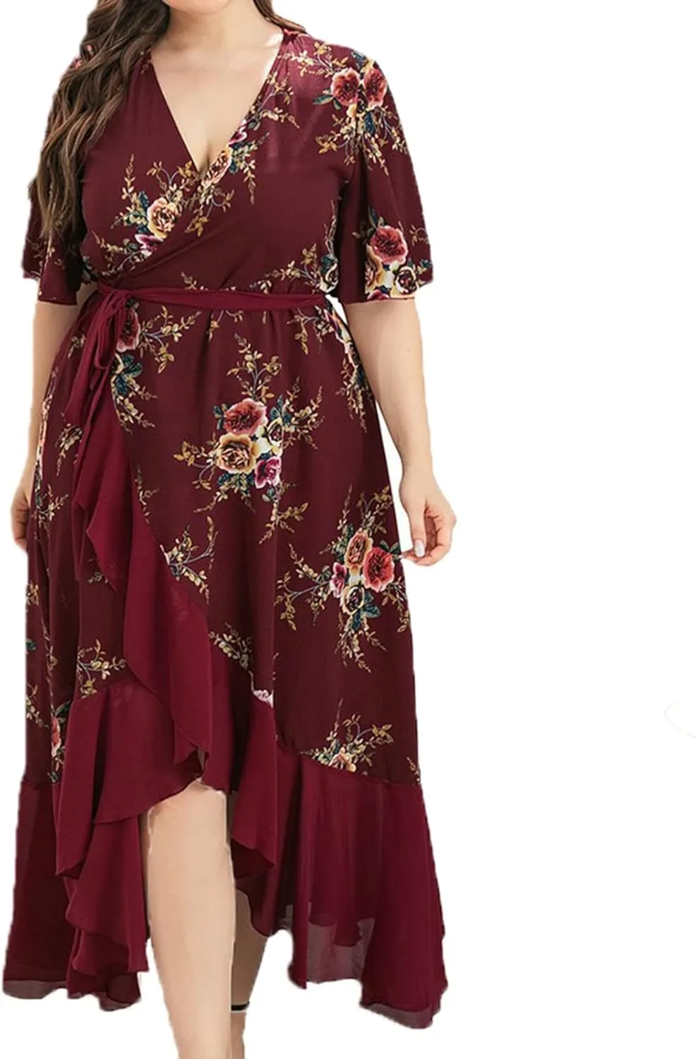 DASAYO Womens Plus Size Chiffon Wrap Dress Floral Print V Neck Short Sleeve Flutter High Low Cocktail Swing Flowy Dresses