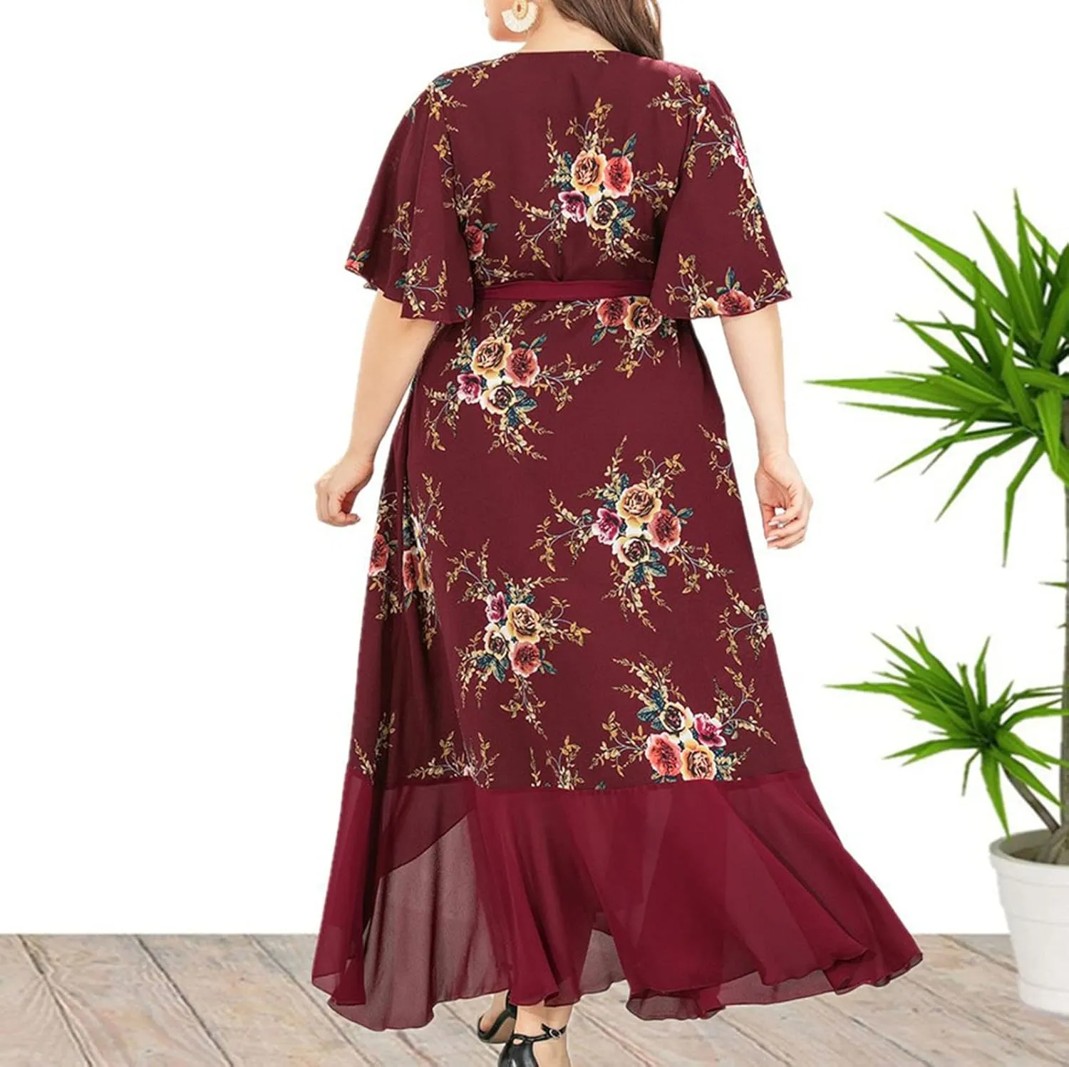 DASAYO Womens Plus Size Chiffon Wrap Dress Floral Print V Neck Short Sleeve Flutter High Low Cocktail Swing Flowy Dresses