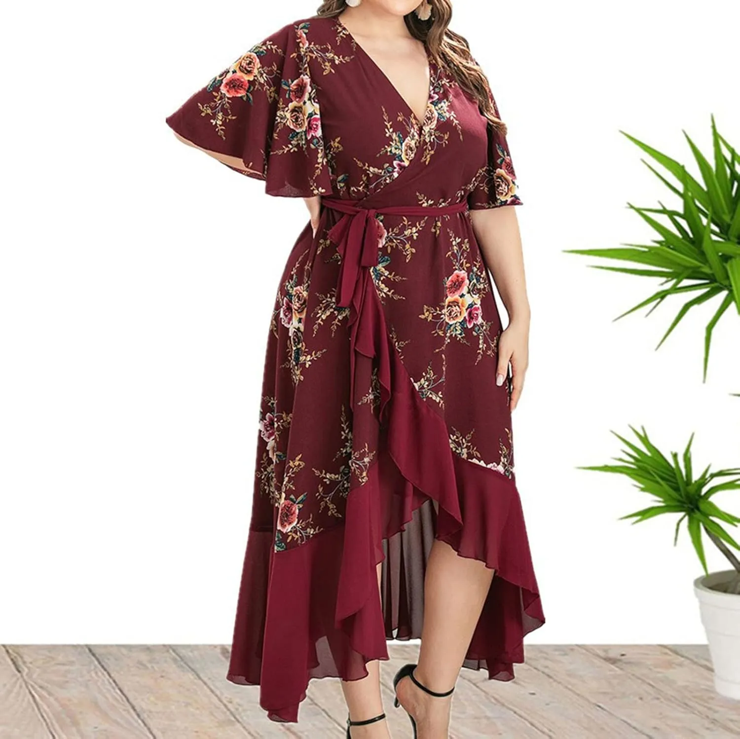 DASAYO Womens Plus Size Chiffon Wrap Dress Floral Print V Neck Short Sleeve Flutter High Low Cocktail Swing Flowy Dresses