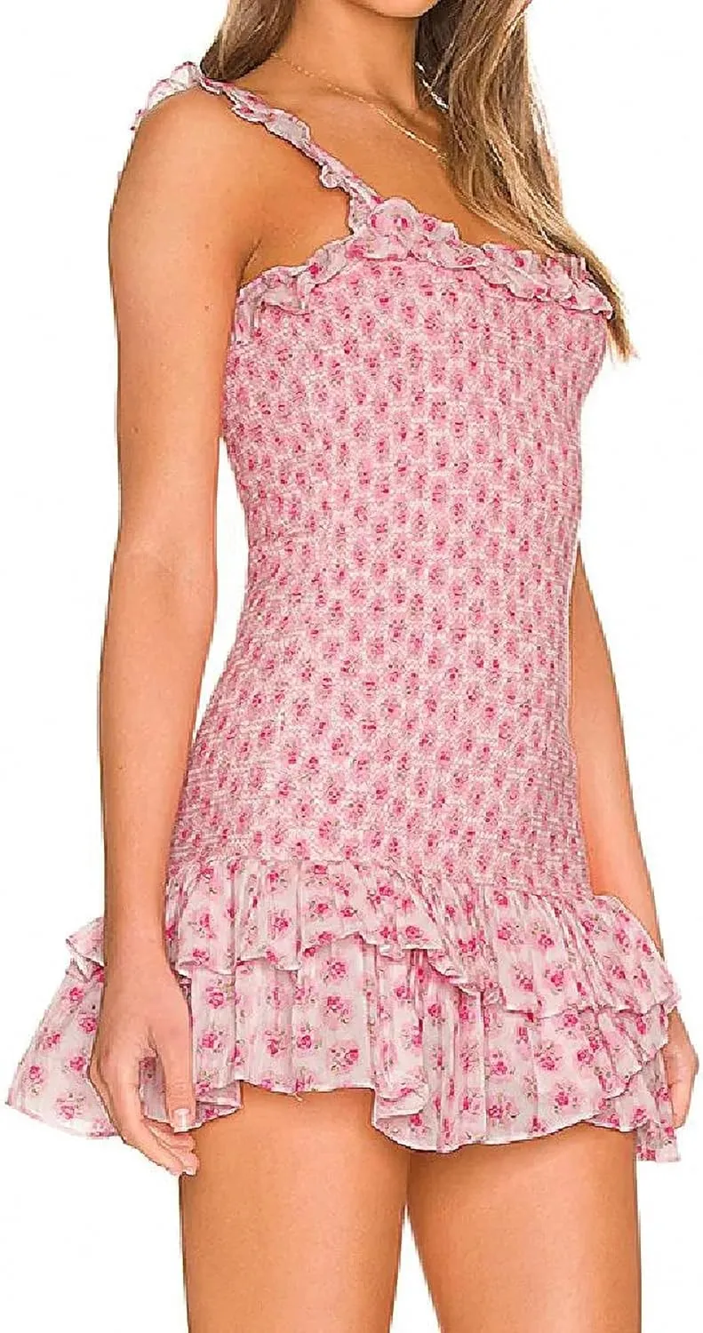 Dawery Romantic Pink Flower Print Corset Ruched Elastic Body Slip Mini Dress Woman Wood Ears Ruffles Hem Package HIPS Robe