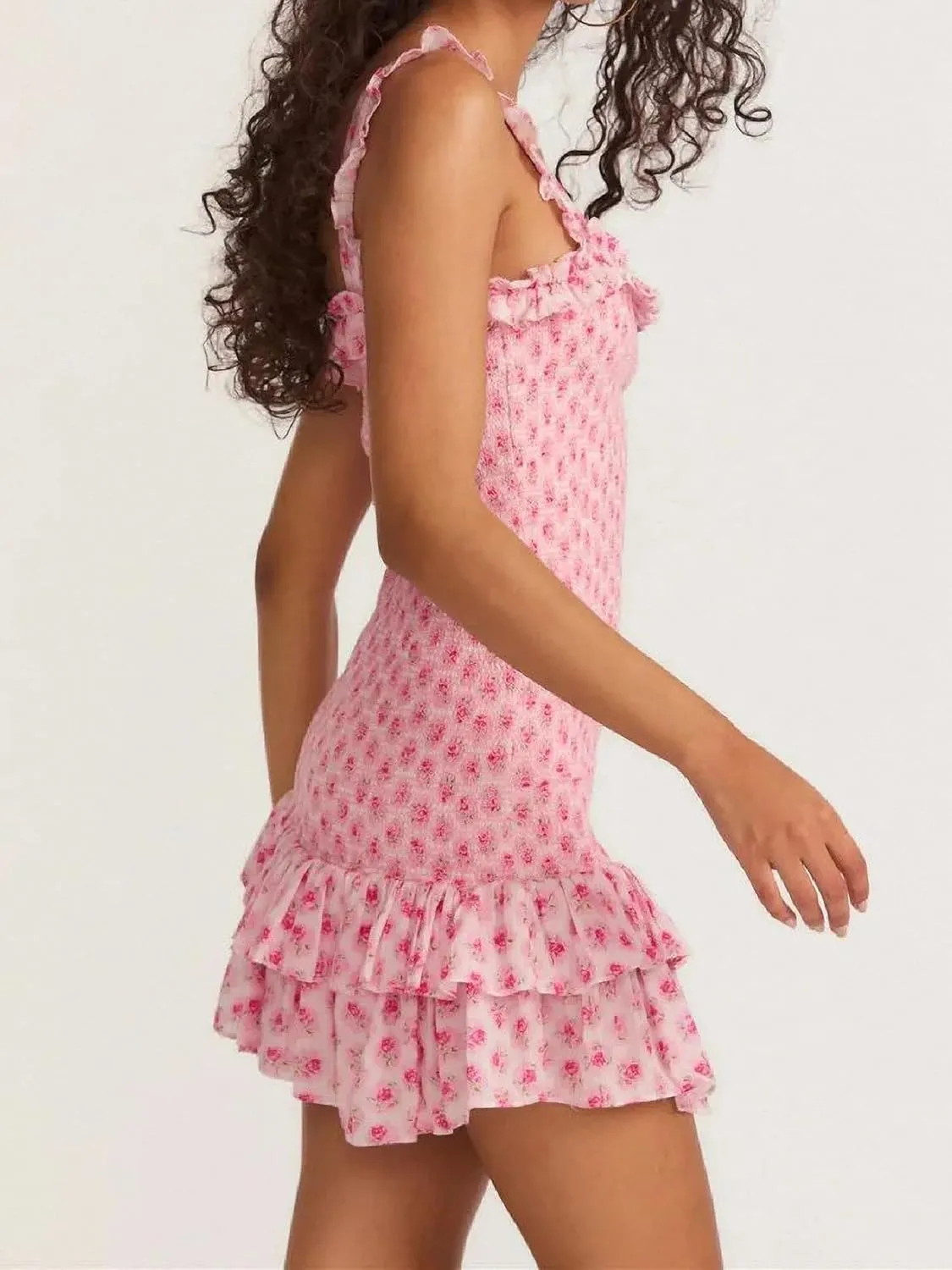 Dawery Romantic Pink Flower Print Corset Ruched Elastic Body Slip Mini Dress Woman Wood Ears Ruffles Hem Package HIPS Robe
