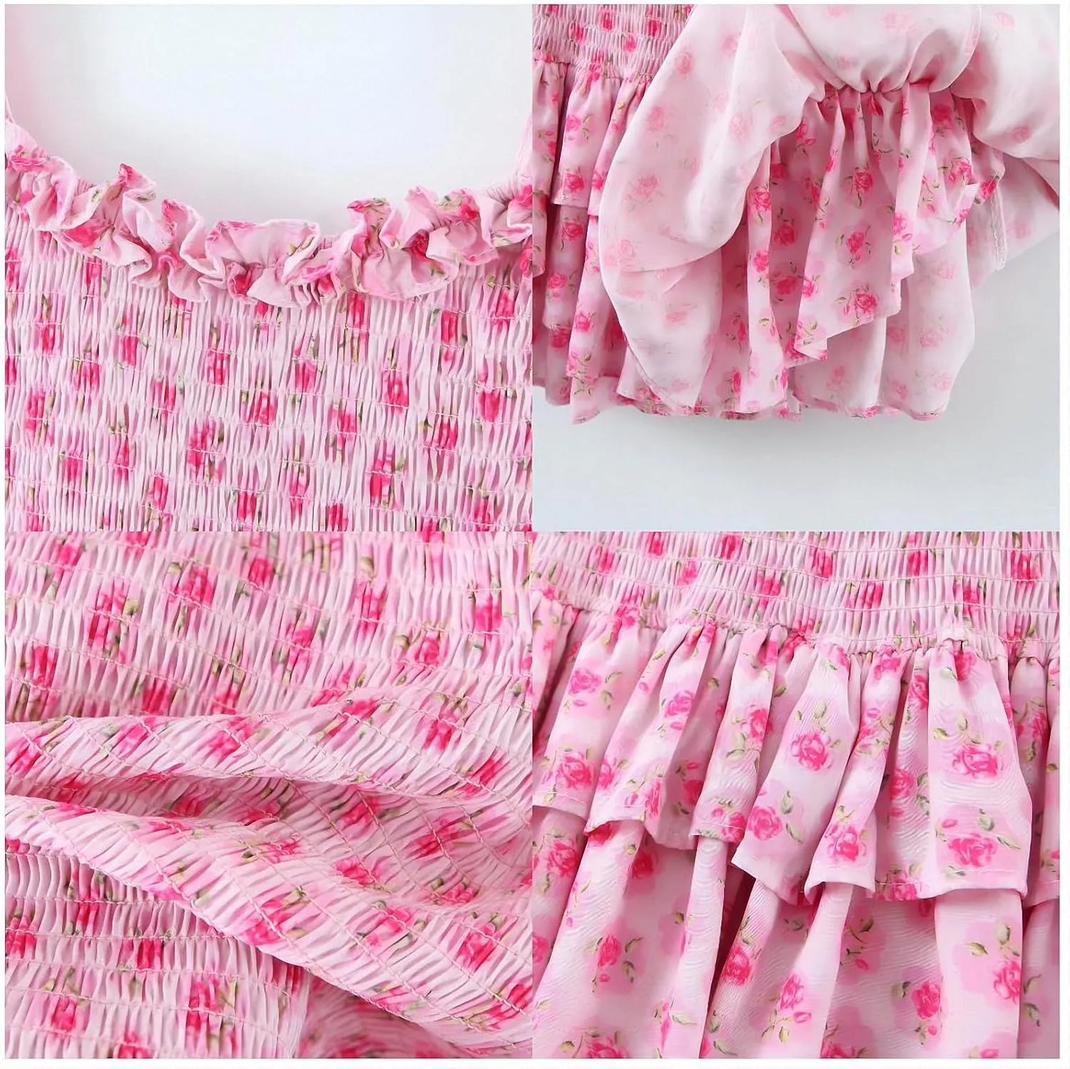 Dawery Romantic Pink Flower Print Corset Ruched Elastic Body Slip Mini Dress Woman Wood Ears Ruffles Hem Package HIPS Robe