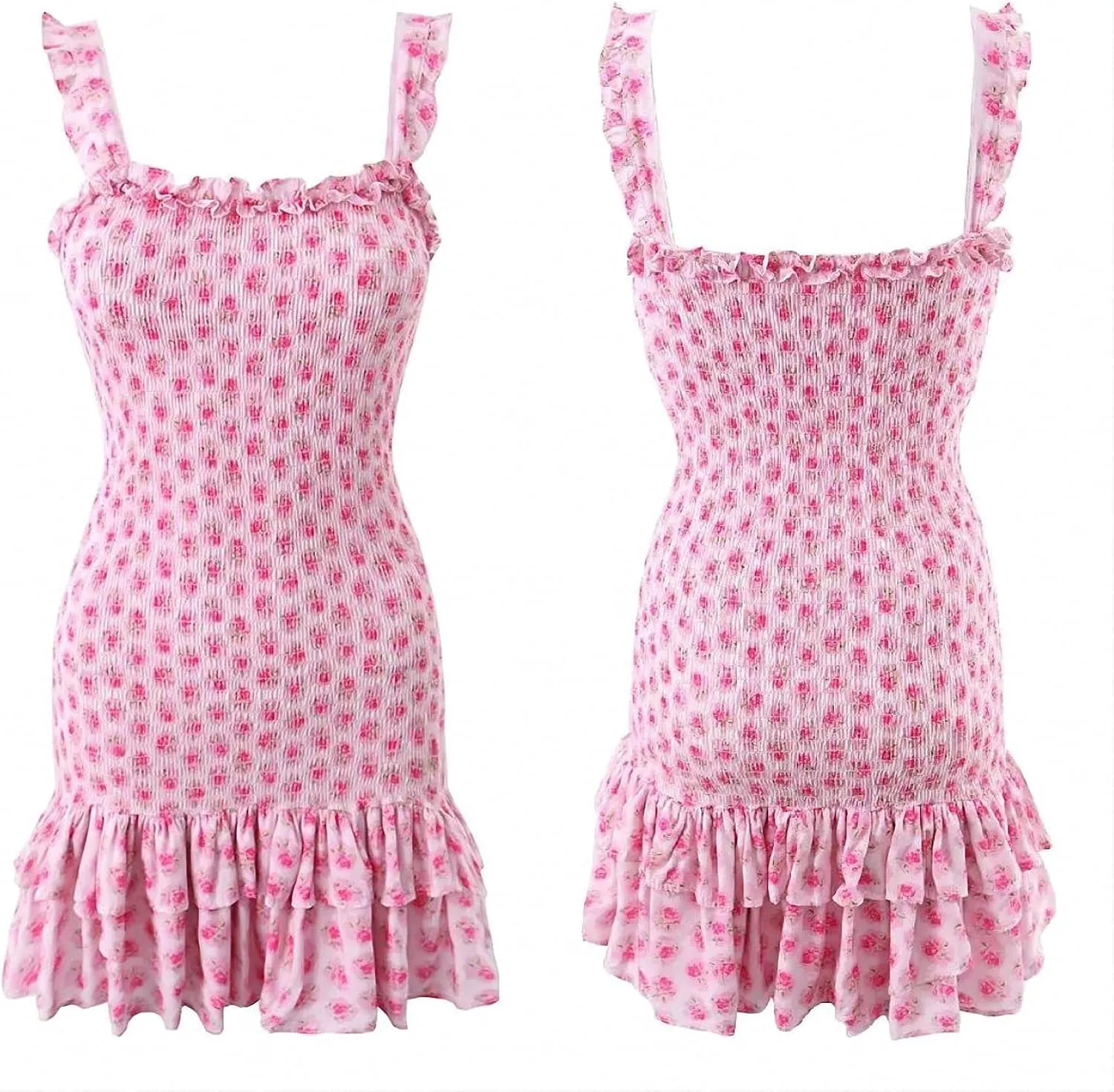 Dawery Romantic Pink Flower Print Corset Ruched Elastic Body Slip Mini Dress Woman Wood Ears Ruffles Hem Package HIPS Robe