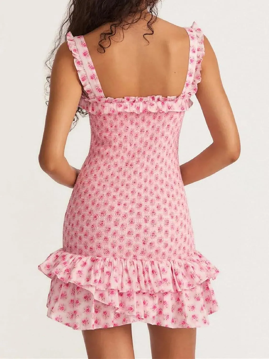 Dawery Romantic Pink Flower Print Corset Ruched Elastic Body Slip Mini Dress Woman Wood Ears Ruffles Hem Package HIPS Robe