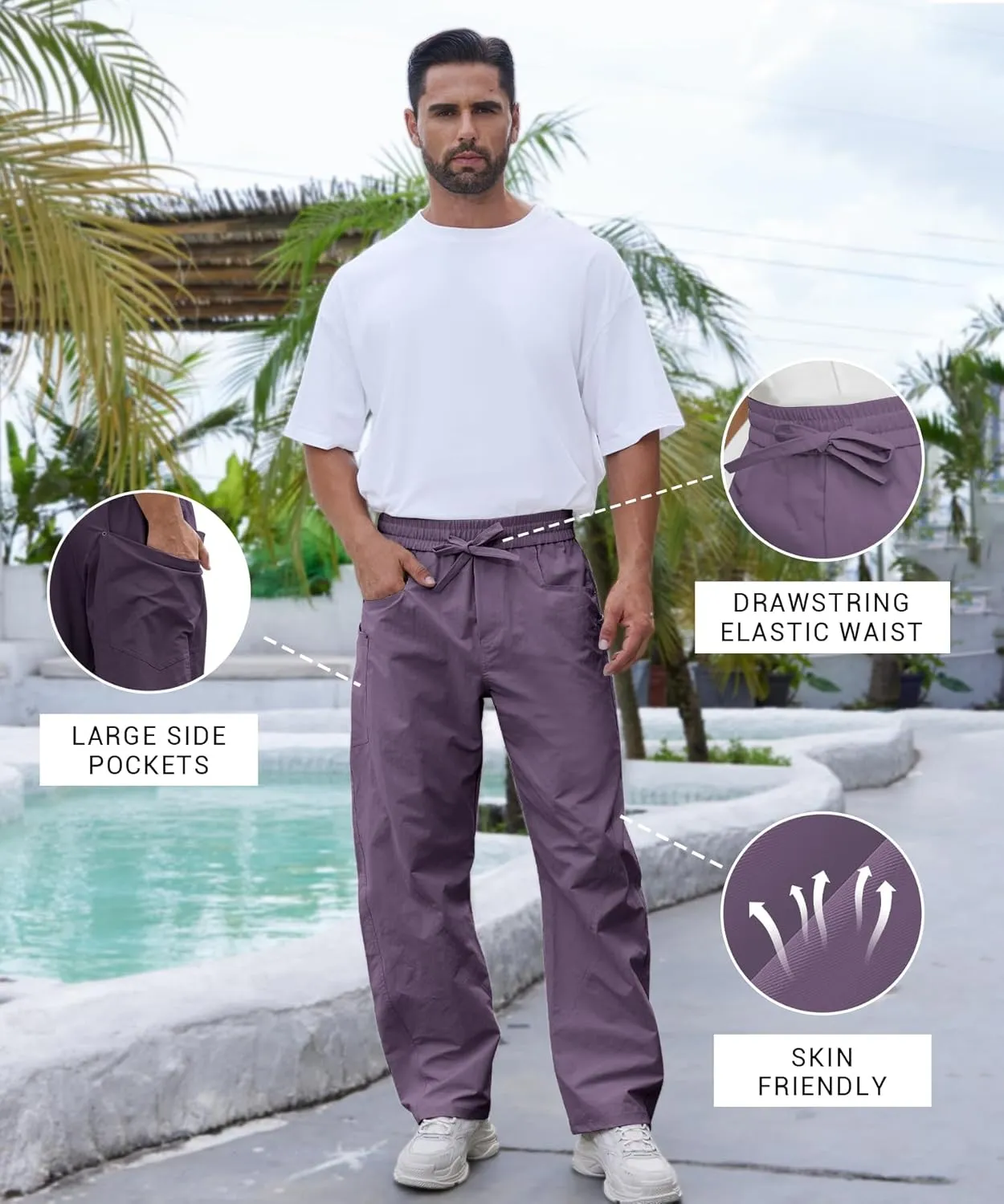 DEARCASE Men's Casual Baggy Elastic Waist Pants with Large Pockets Lightweight Relaxed Fit Drawstring Trousers