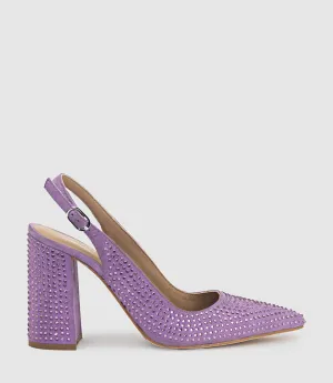 DEMI100 Crystal Slingback Pump in Lilac Suede
