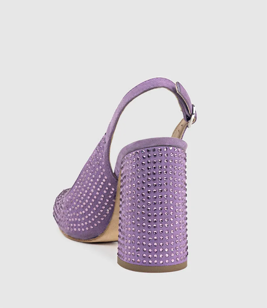 DEMI100 Crystal Slingback Pump in Lilac Suede