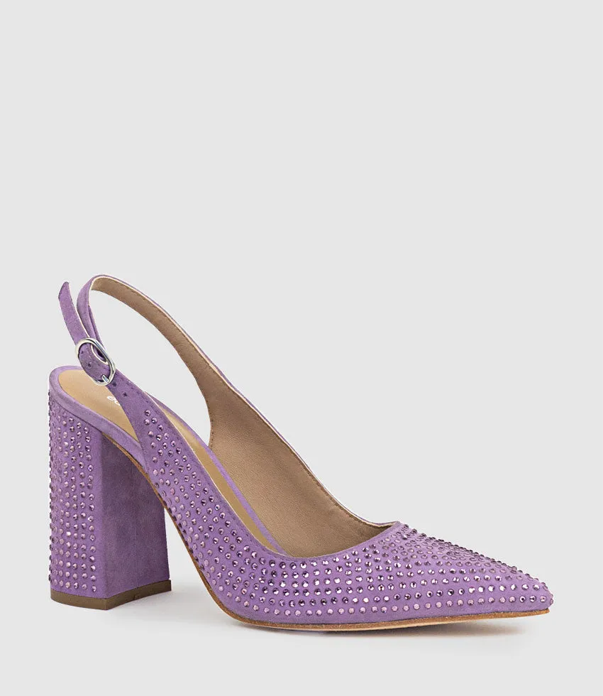 DEMI100 Crystal Slingback Pump in Lilac Suede