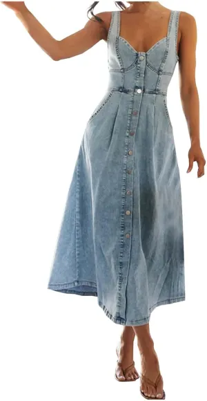 Denim Dress for Women Dark Jean Maxi Shirt Dresses Blue Short Sundress Curvy Womens 2025 Summer Sexy Sleeveless Trendy