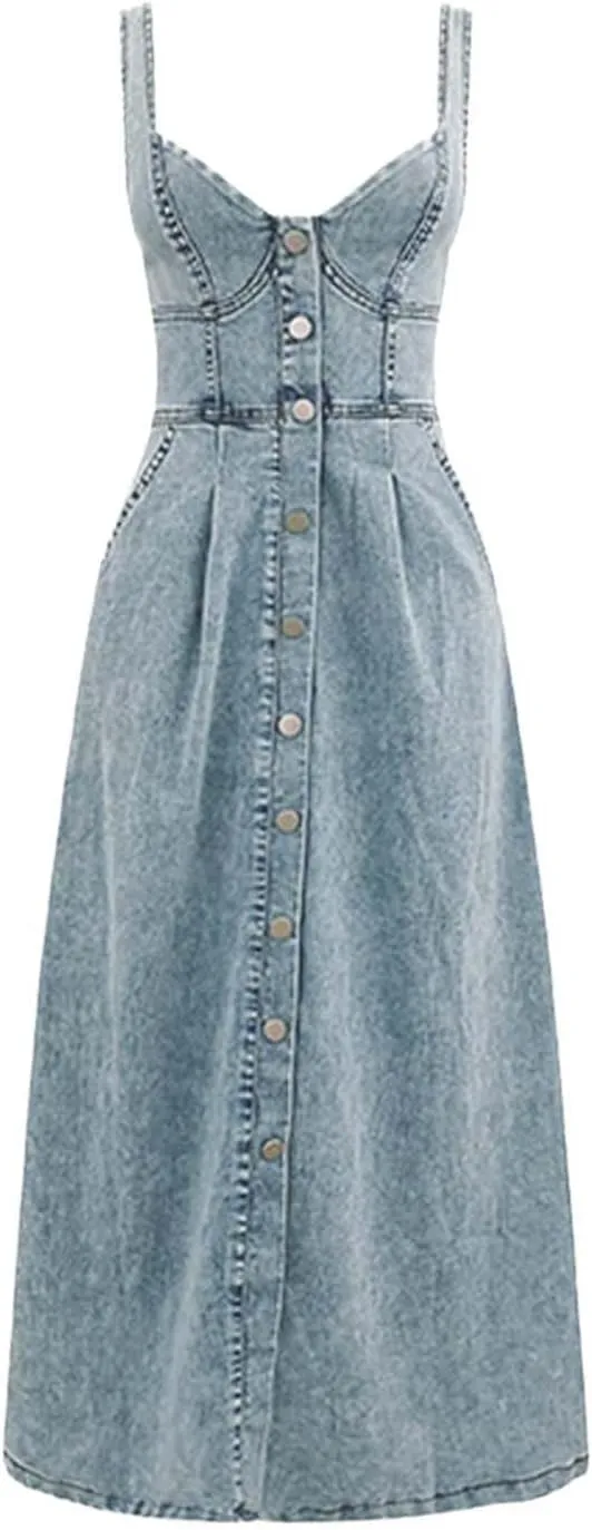 Denim Dress for Women Dark Jean Maxi Shirt Dresses Blue Short Sundress Curvy Womens 2025 Summer Sexy Sleeveless Trendy