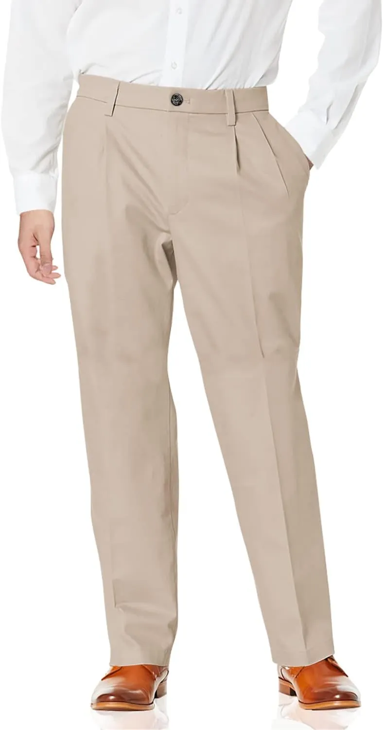 Dockers Men's Relaxed Fit Signature Khaki Lux Cotton Stretch Pants-Pleated, Timberwolf, 34W x 34L