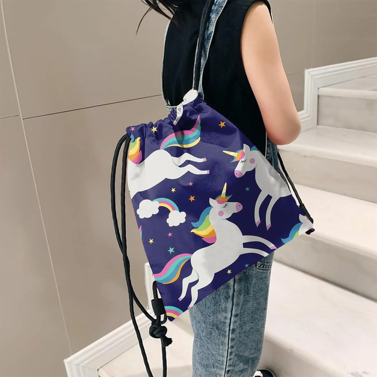 Drawstring Backpack for String Bag Waterproof Cute Sports Beach Swimming Travel (13"17")-Blue Unicorn