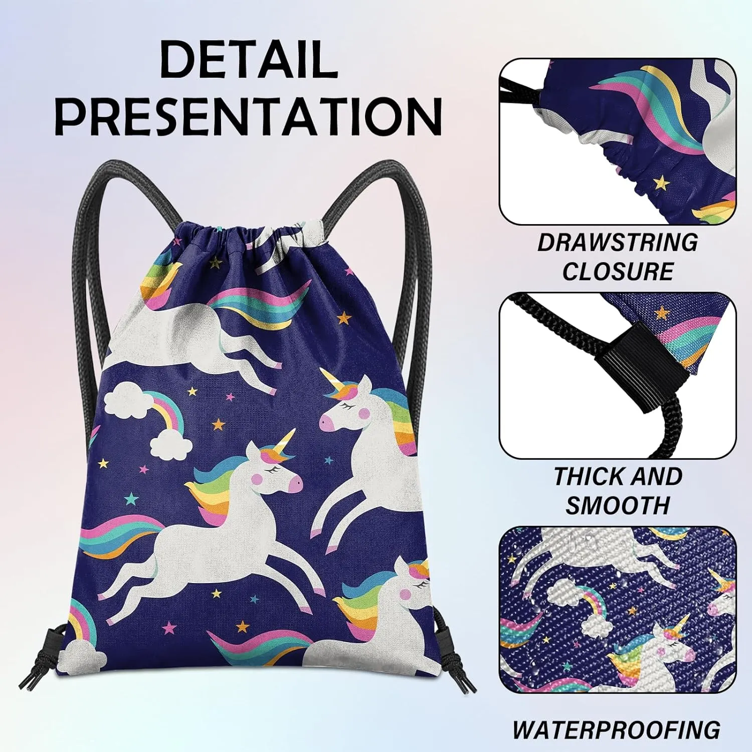 Drawstring Backpack for String Bag Waterproof Cute Sports Beach Swimming Travel (13"17")-Blue Unicorn