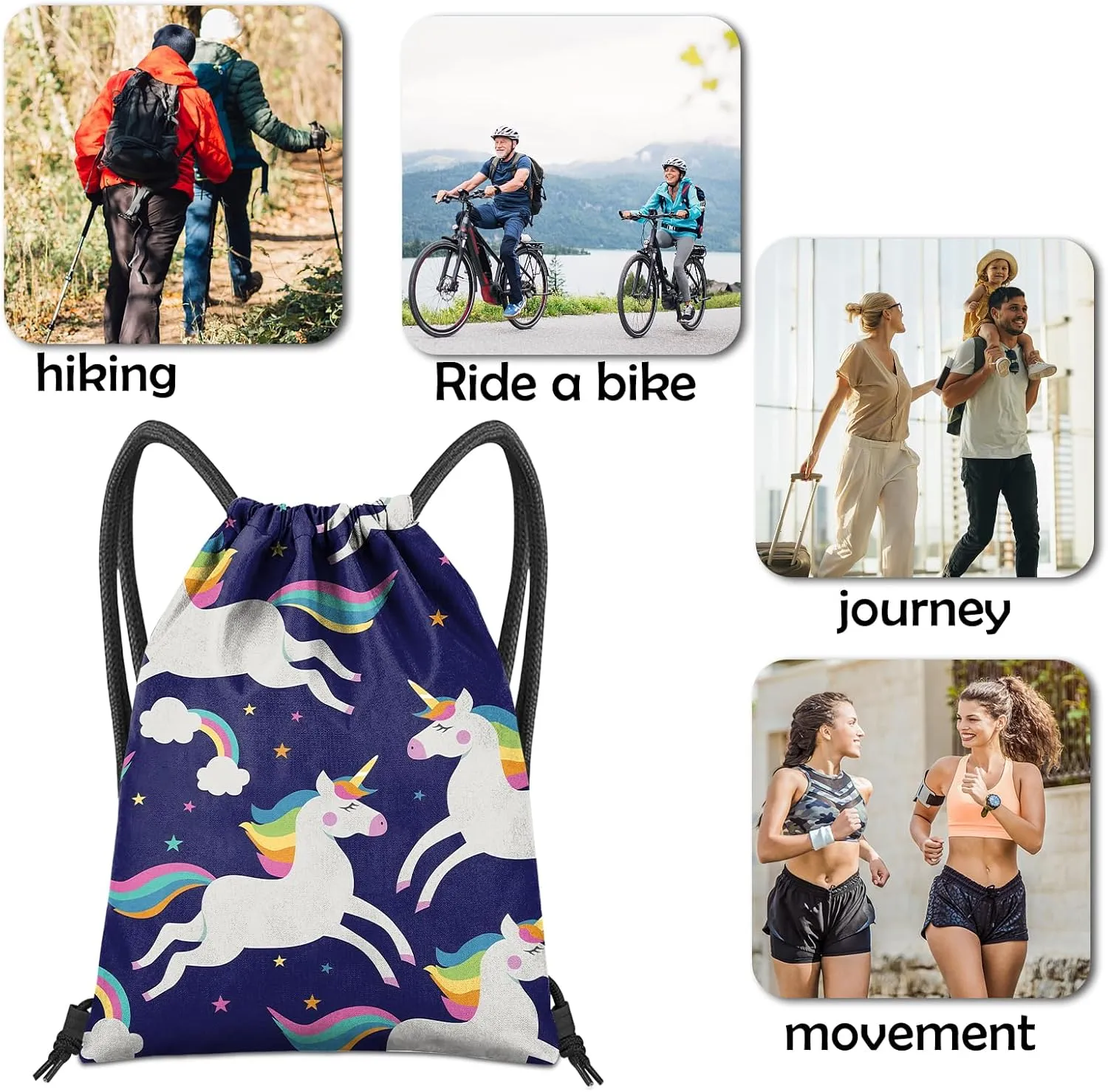 Drawstring Backpack for String Bag Waterproof Cute Sports Beach Swimming Travel (13"17")-Blue Unicorn