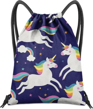 Drawstring Backpack for String Bag Waterproof Cute Sports Beach Swimming Travel (13"17")-Blue Unicorn